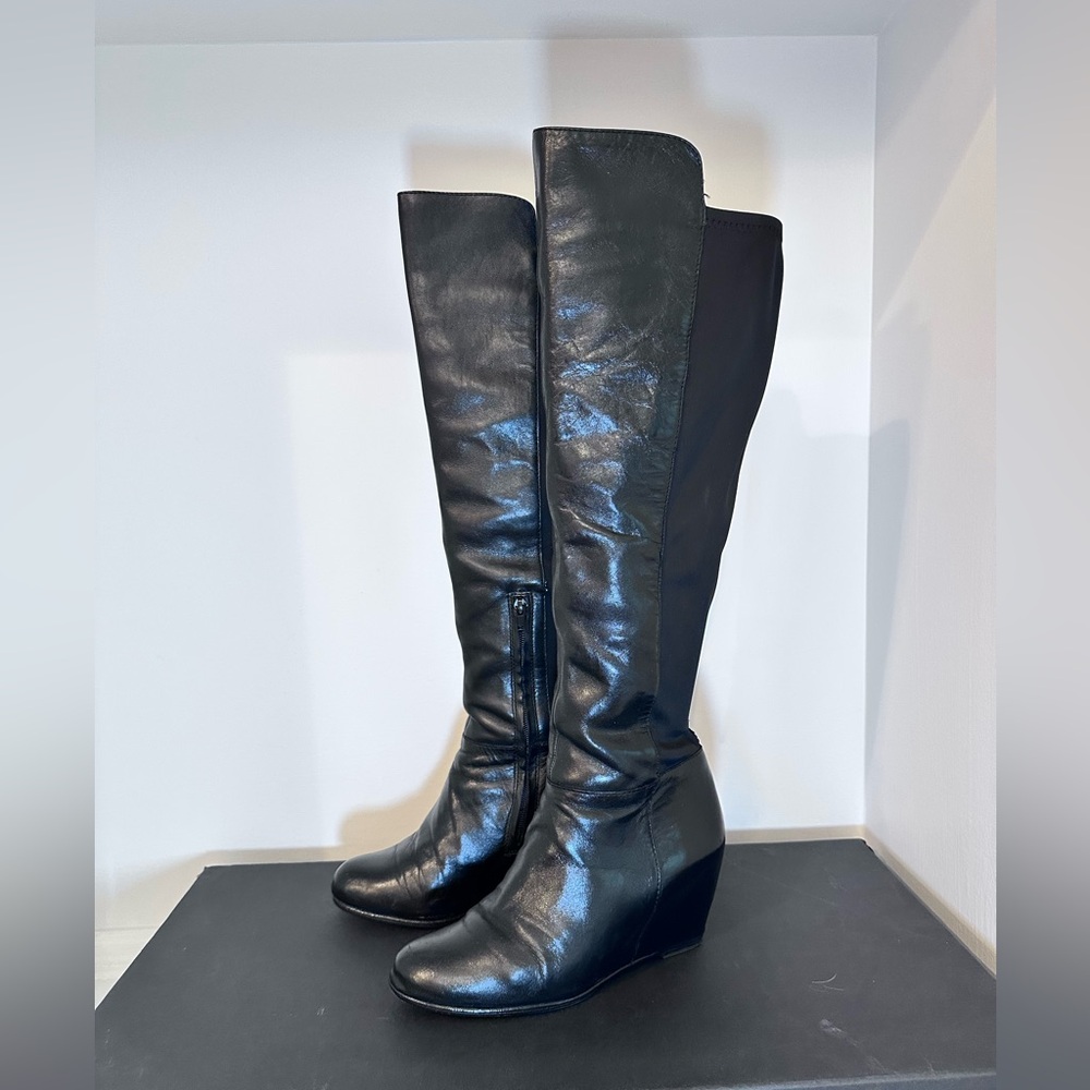 SAKS FIFTH AVE WOMEN'S Wedge BOOTS KNEE HIGH "NELLIE"~LEATHER & FABRIC Size 7.5